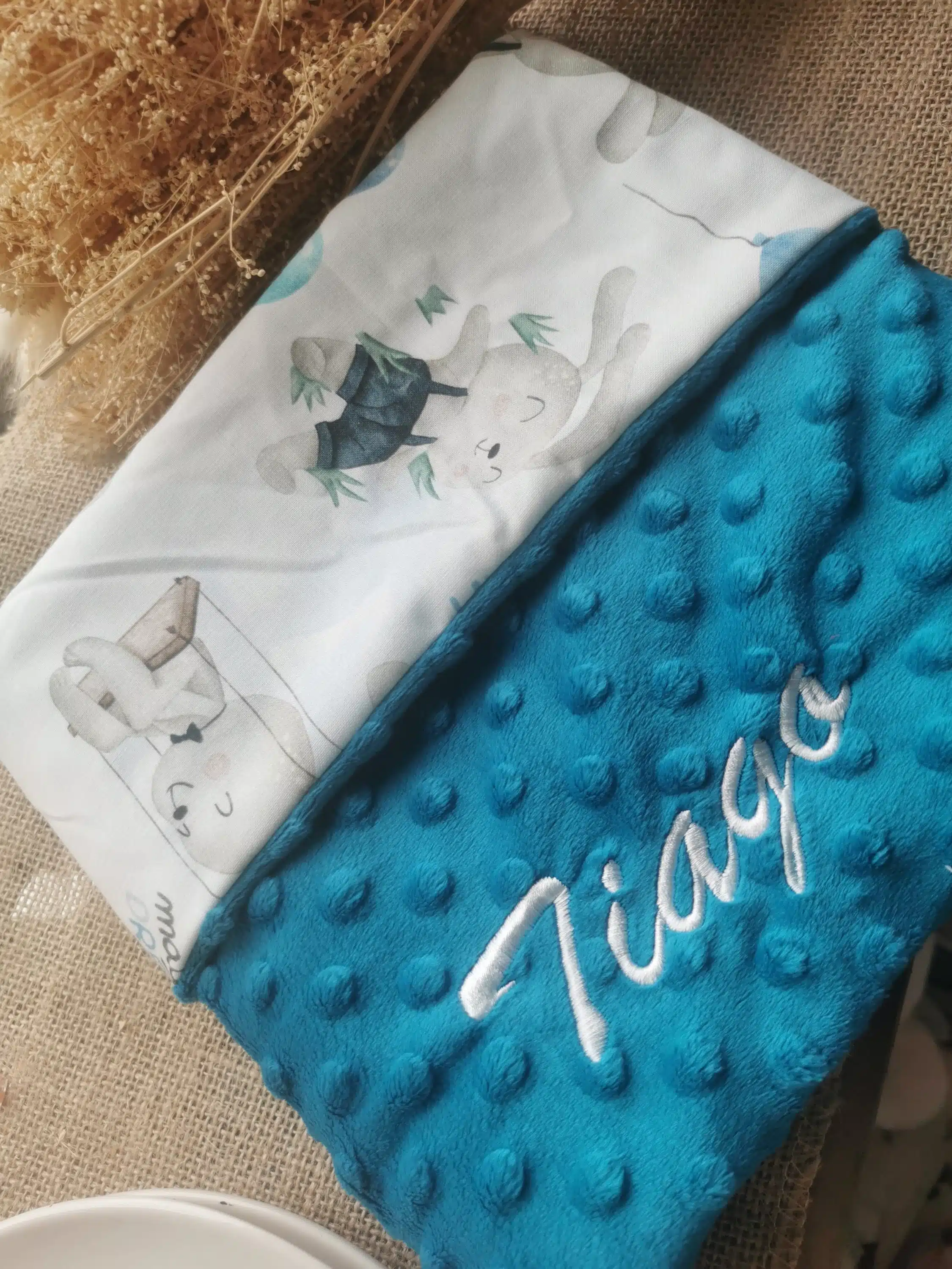 Couverture bébé minky et coton brodée – Image 33