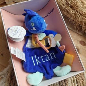 Les calinosaures – Doudou Sachou attache tétine personnalisé